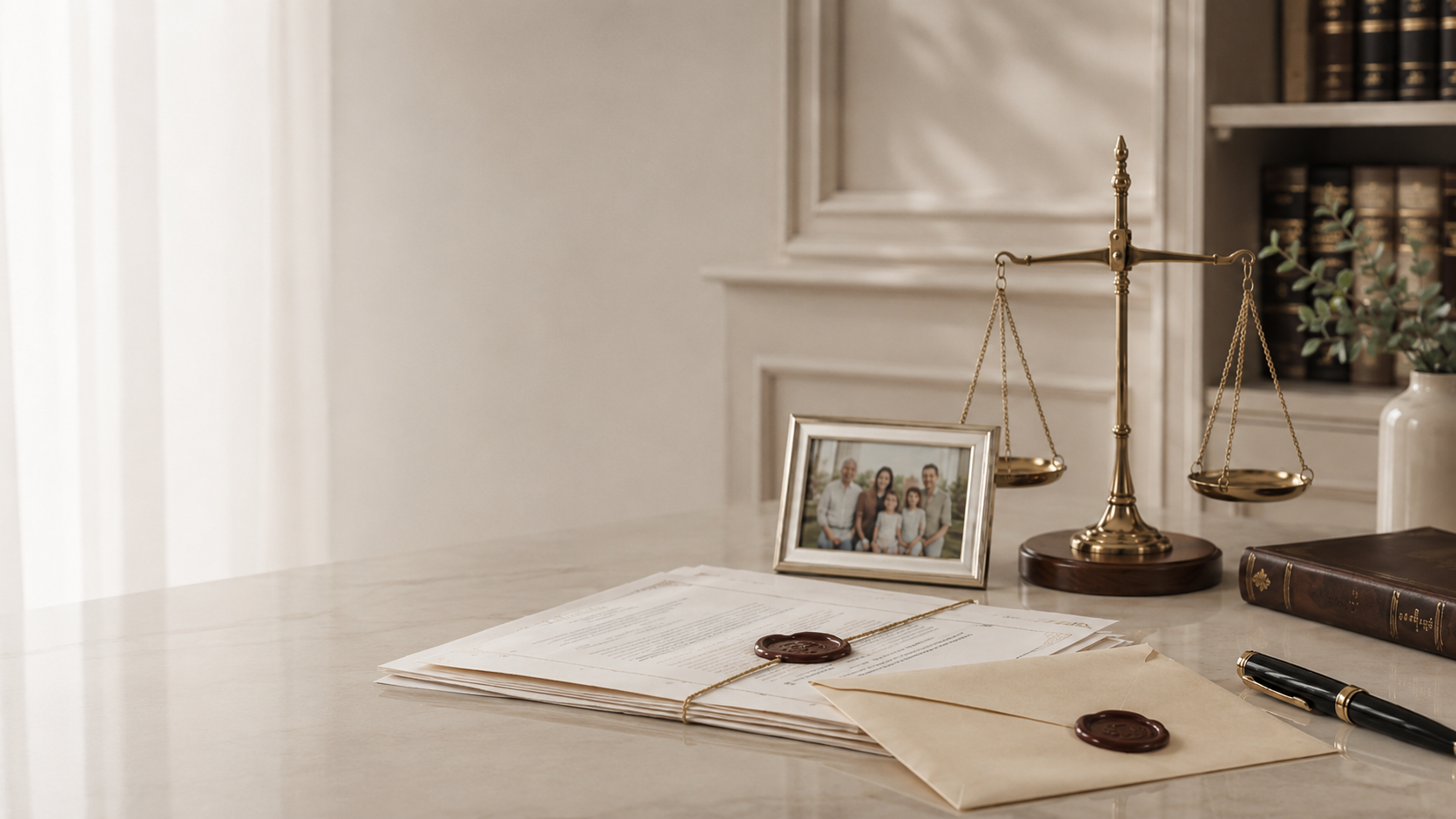 Escritorio con balanza de justicia, testamento lacrado y retrato familiar