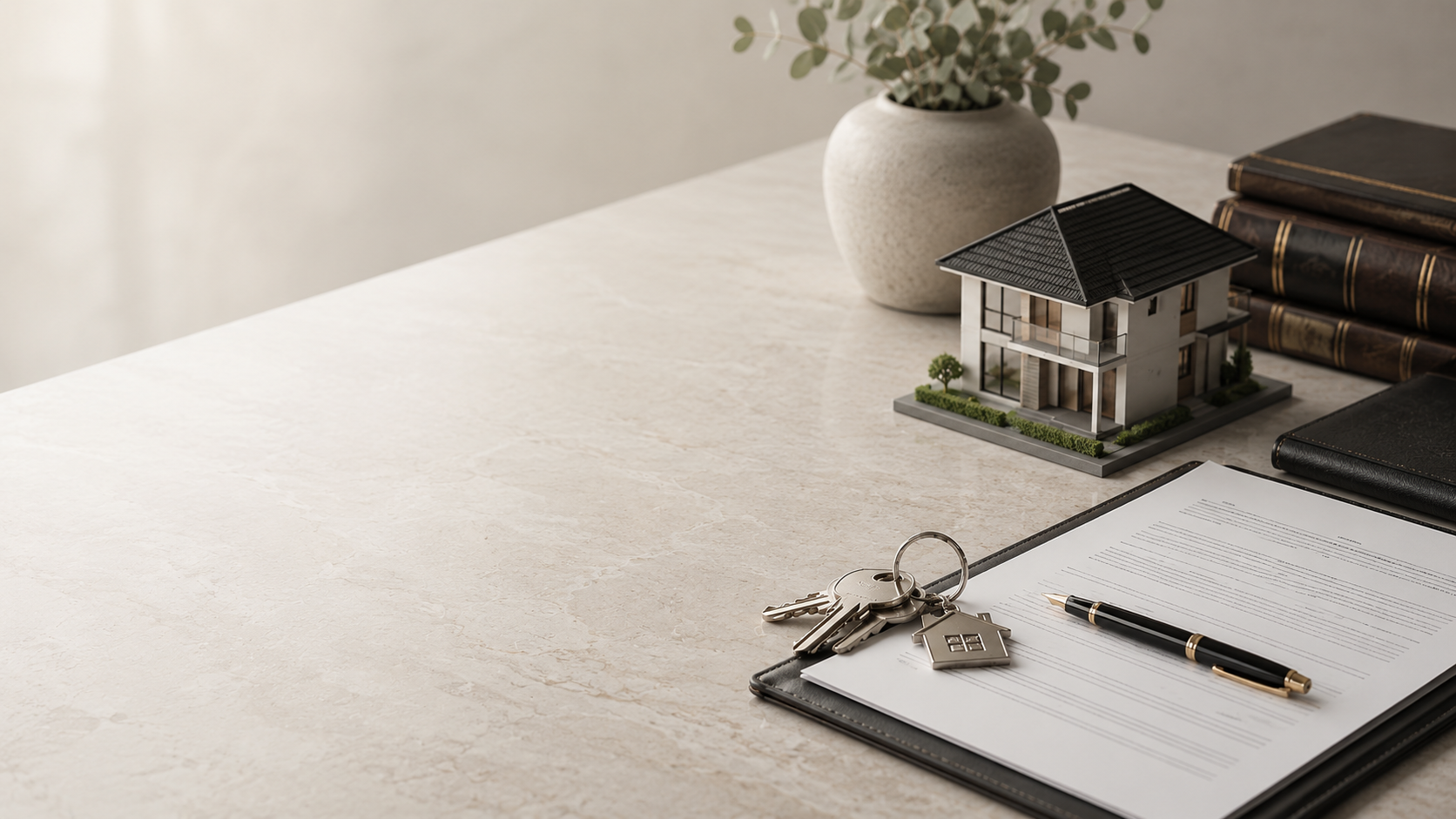 Escritorio con maqueta de villa, llaves y contrato